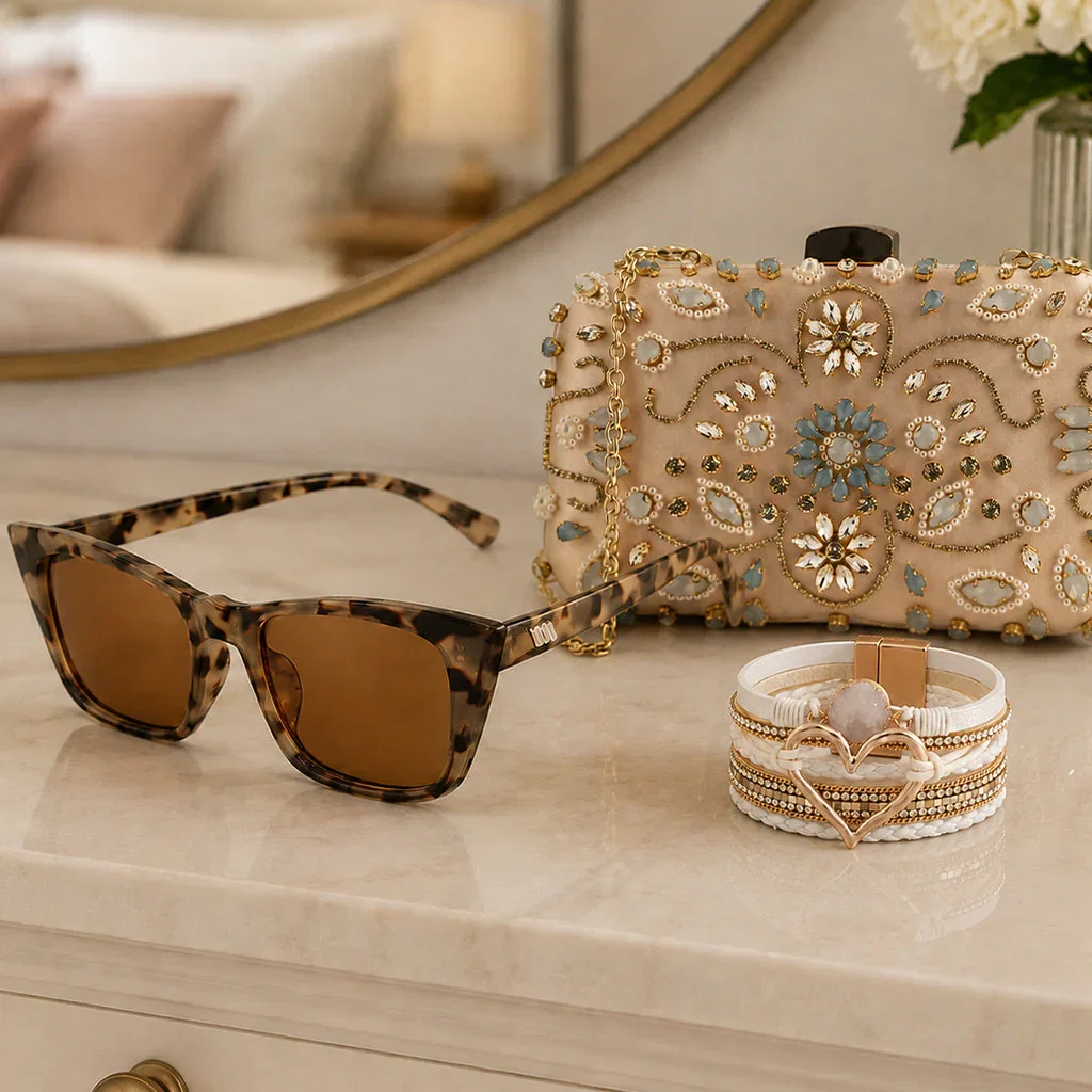 Tortoiseshell sunglasses, embellished clutch, and beaded bracelet displayed on marble surface with mirror backdrop.