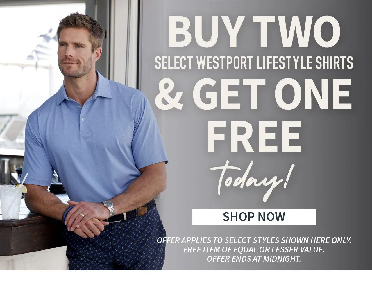 Buy 2 Westport Lifestyle shirts, get 1 free — today only