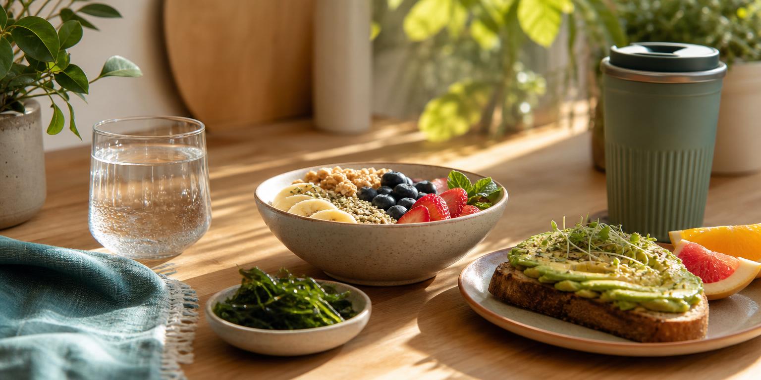Plant-based summer breakfast with avocado toast, citrus, sea greens, and a travel mug on a warm kitchen counter