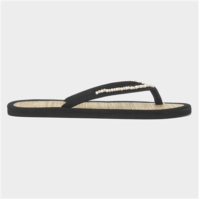 Womens Black Beaded Toe Post Slip On Sandal