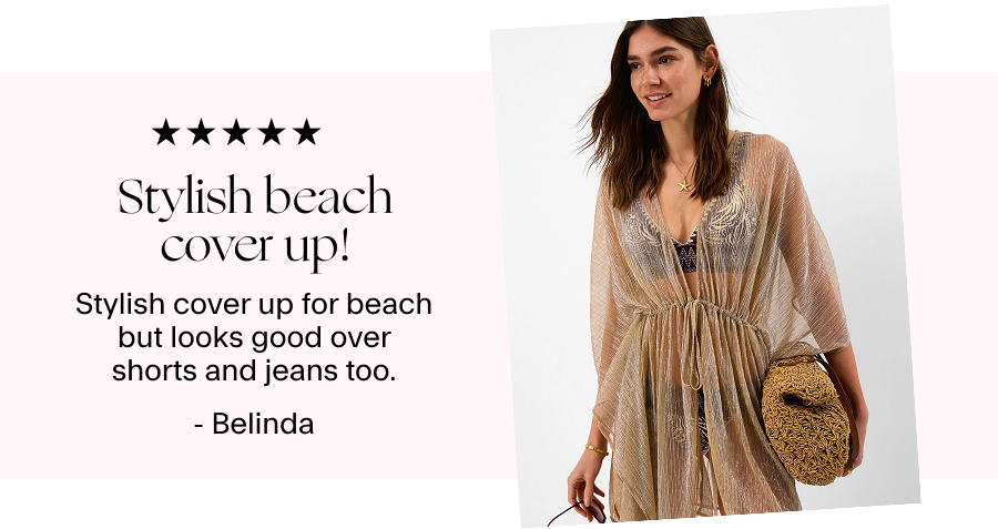 Stylish beach cover up Stylish cover up for beach but looks good over shorts and jeans too By Belinda