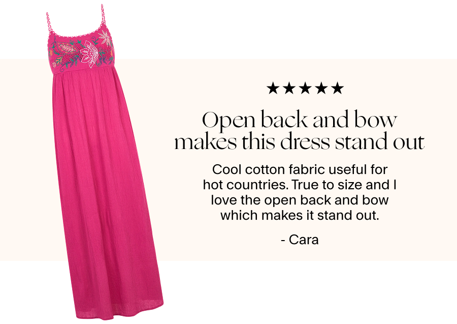Open back and bow makes this dress stand out Cool cotton fabric useful for hot countries. True to size and I love the open back and bow which makes it stand out. By Cara