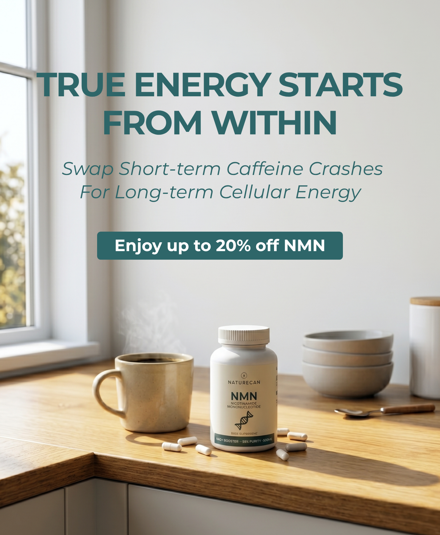 Swap short term caffeine crashes for long term cellular energy. Up to 20% off NMN
