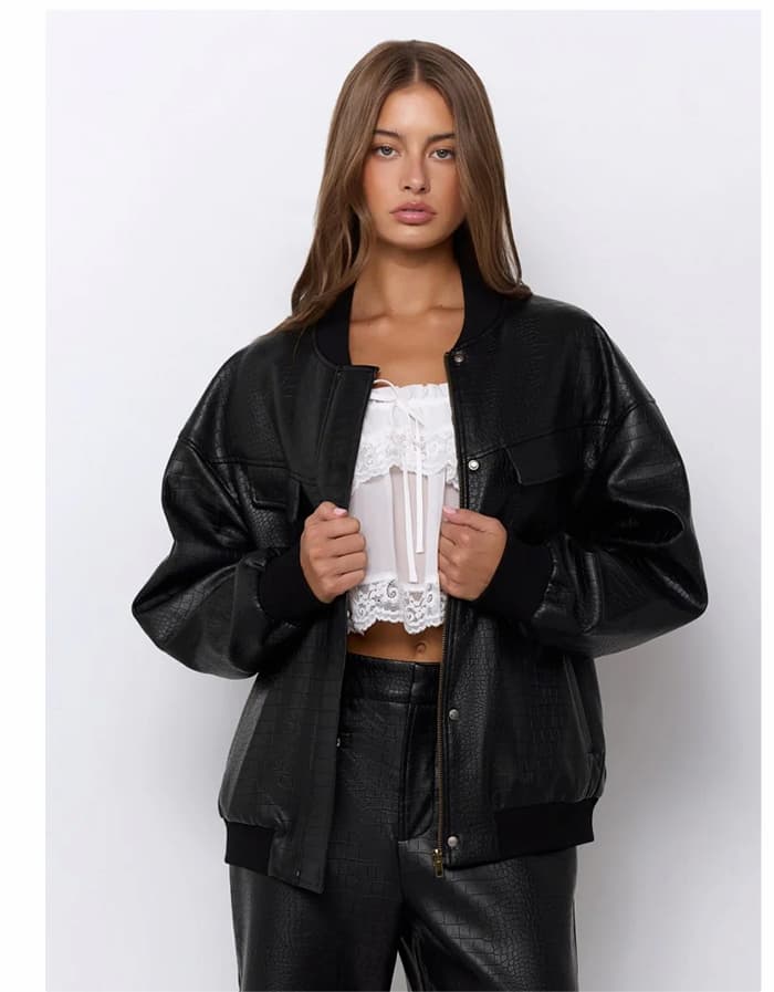 Nights In The City Croc Faux Leather Jacket Black