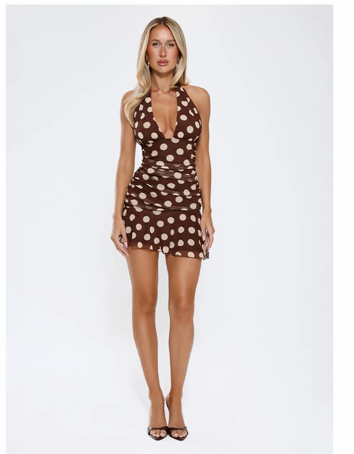 Social Glow Halter Polka Dot Mini Dress Brown