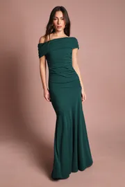 Pleated One Shoulder Bardot Fit And Flare Maxi Dress