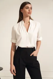 Viscose Ruched Neck Blouse Rolled Sleeves