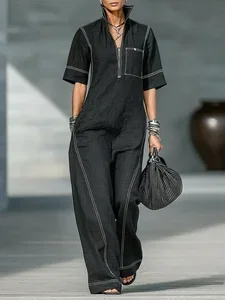 Image of Casual Color Block Shirt Cotton And Linen Jumpsuit