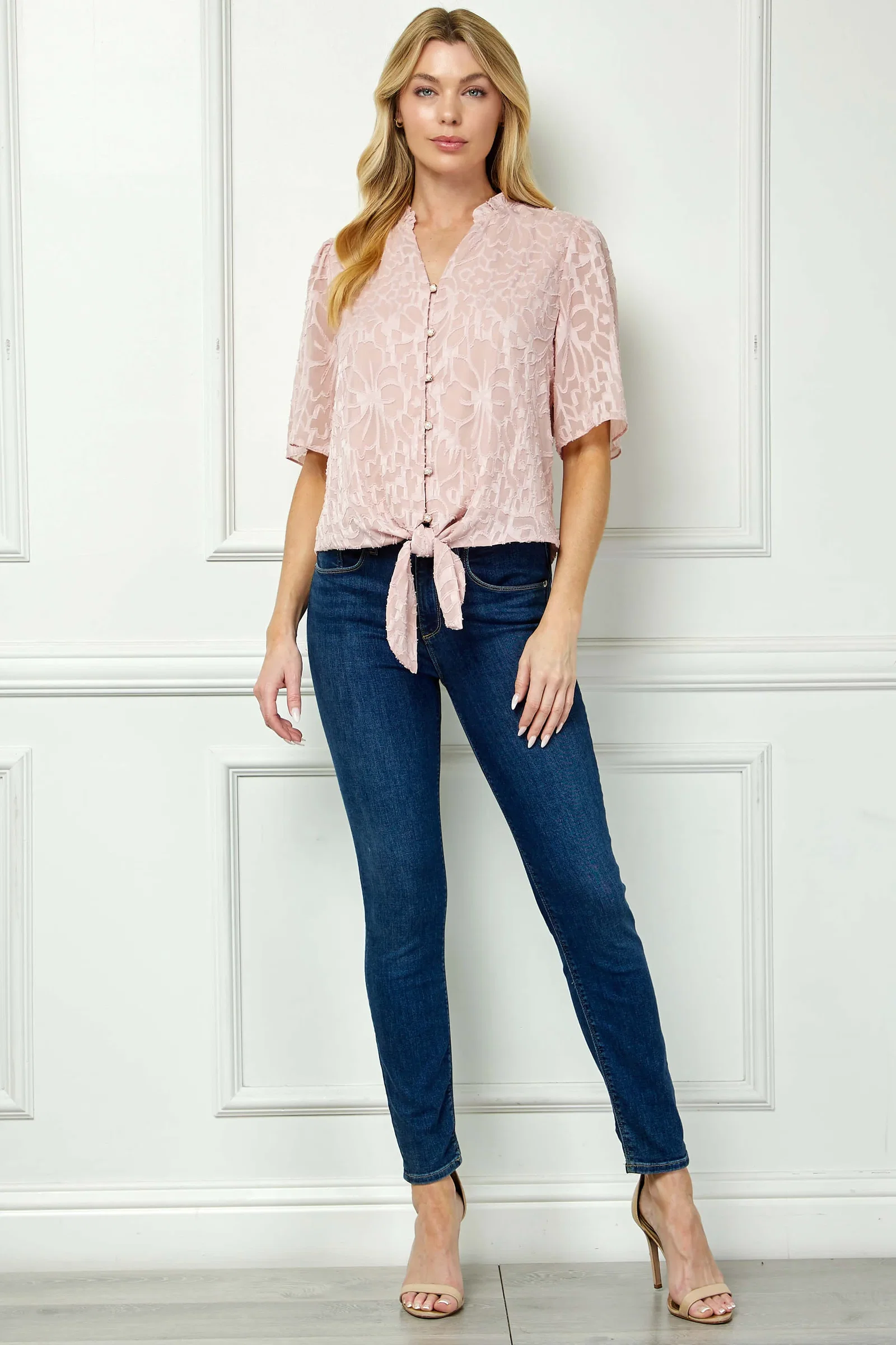 Image of Short Sleeve V-Ruffle Neck Tie Front Blouse in Blush