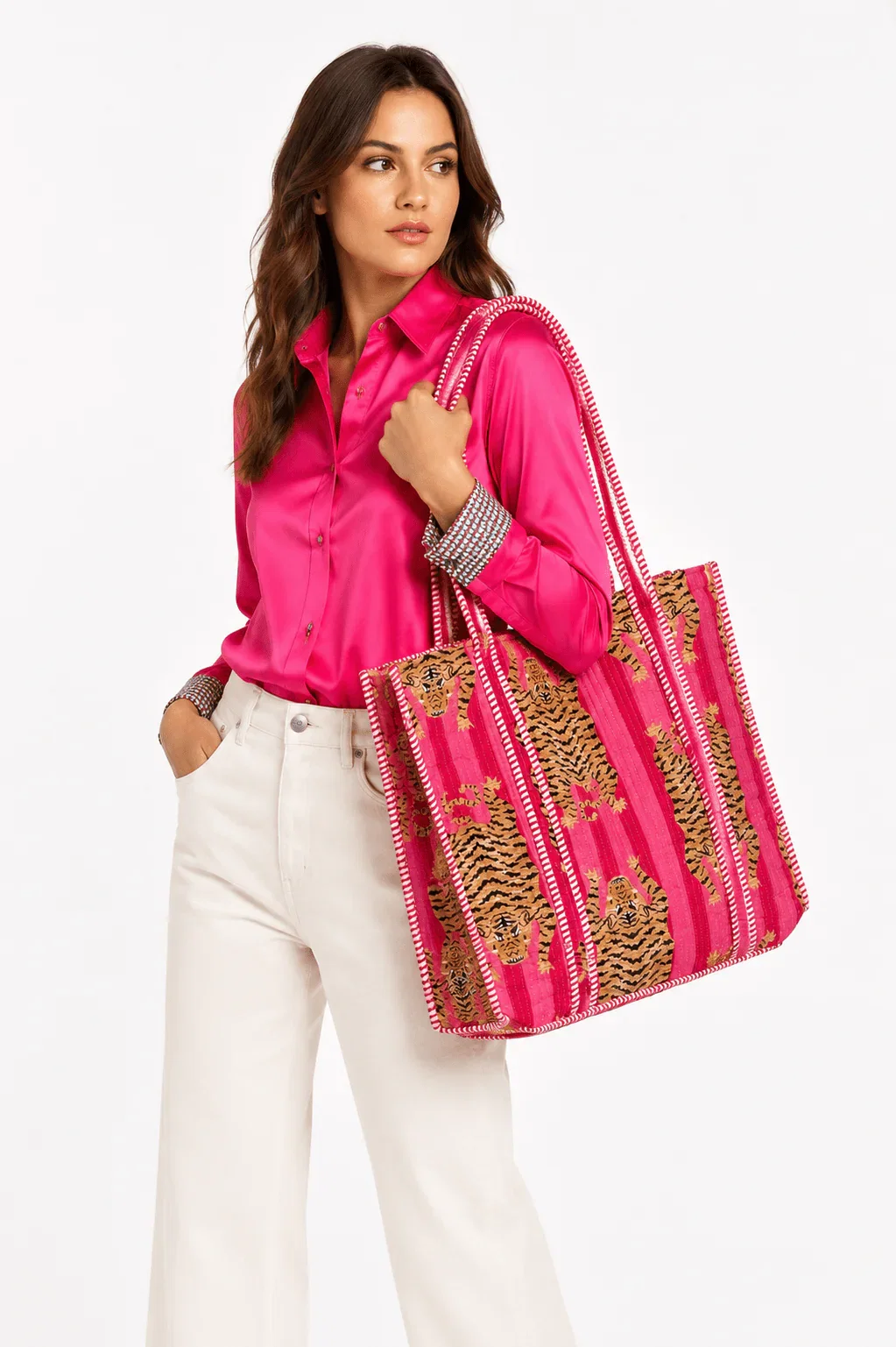 Image of TIGER FUCHSIA QUILTED TOTE BAG