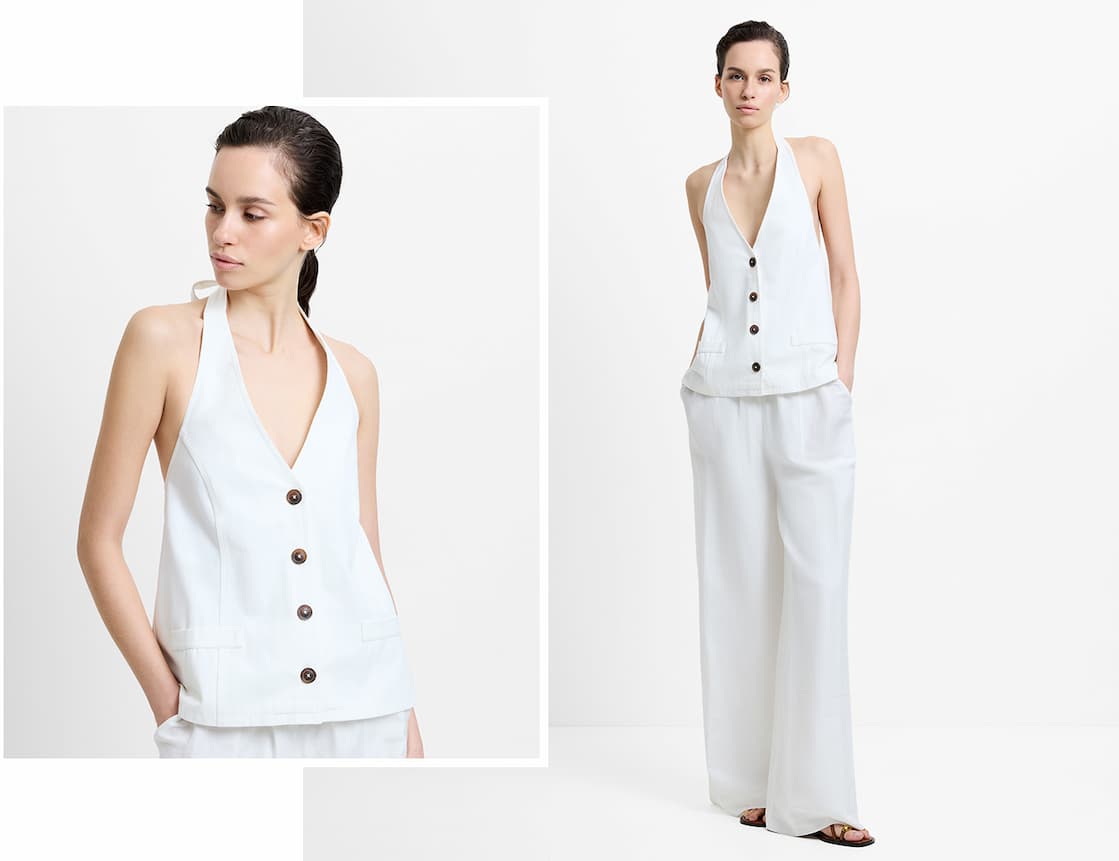 Keller Cotton Twill Button-Down White Halterneck Top