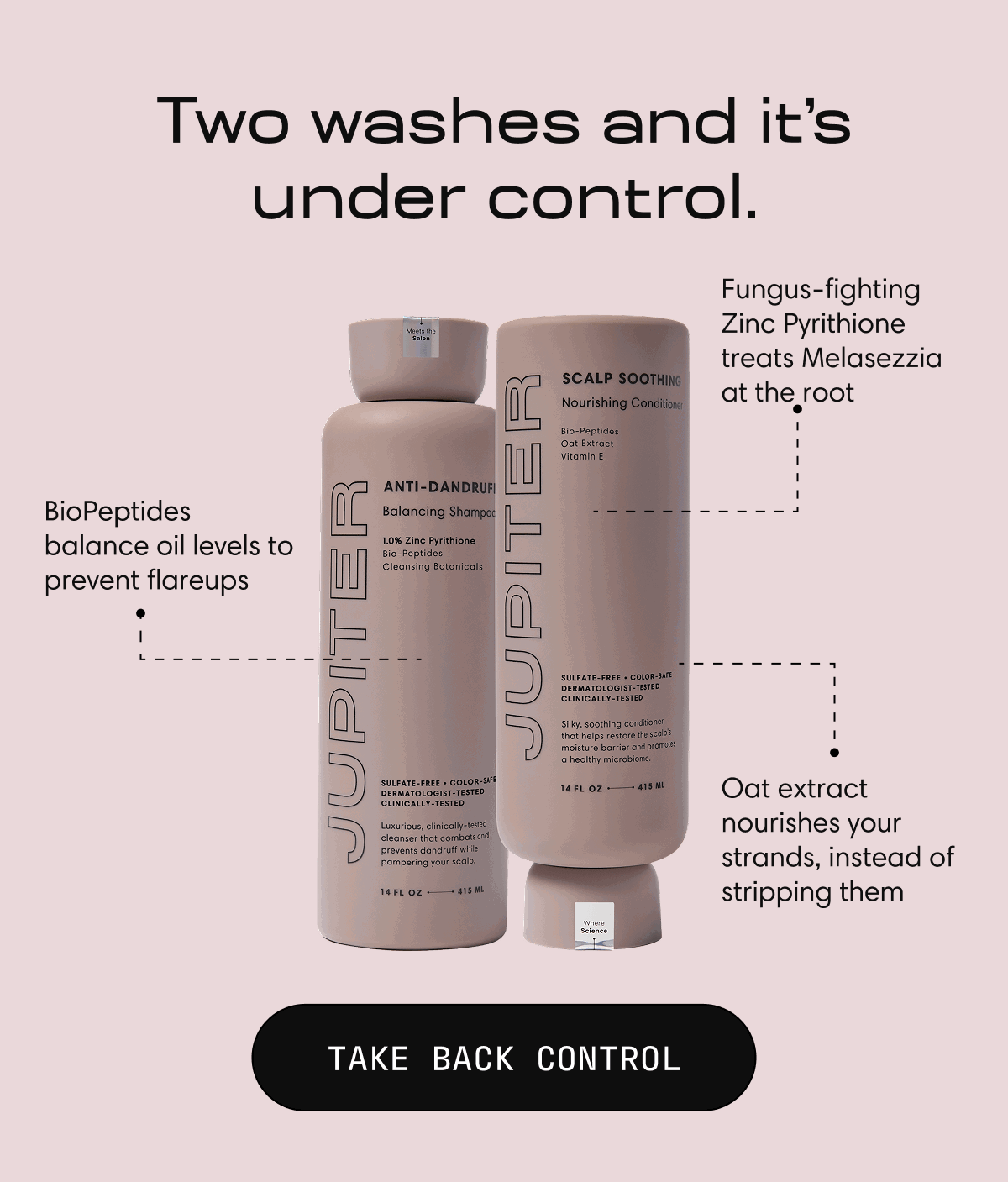 Two washes and it’s under control. | Fungus-fighting Zinc Pyrithione treats Melasezzia at the root | BioPeptides balance oil levels to prevent flareups | Oat extract nourishes your strands, instead of stripping them | TAKE BACK CONTROL