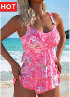Patchwork Tribal Print Pink Tankini Set