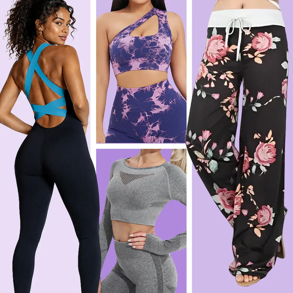 Best-selling yoga wear collection featuring crossback sports bra, tie-dye crop top set, gray ribbed matching set, and floral lounge pants.