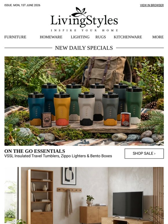 VSSL Insulated Travel Tumblers, Zippo Lighters & Bento Boxes, Wooden Square Coffee Tables, Sideboards, Bookcases & TV Units, Elm Dining Chairs...