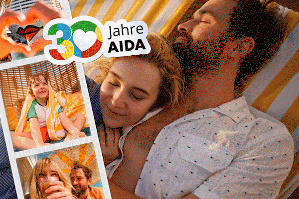 GIF: 1.Bild: AIDA 30 Jahre Jubiläum – Paar entspannt auf Liege mit Urlaubskollage im Hintergrund 2.Bild: Geburtstagsangebot von AIDA – Kreuzfahrten ab 449 € pro Person mit dem Hinweis ‚Happy Birthday Sale‘ und Button zu den Angeboten| Link zu AIDA