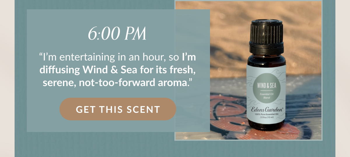 6:00 PM “I’m entertaining in an hour, so I’m diffusing Wind & Sea for its fresh, serene, not-too-forward aroma." | GET THIS SCENT