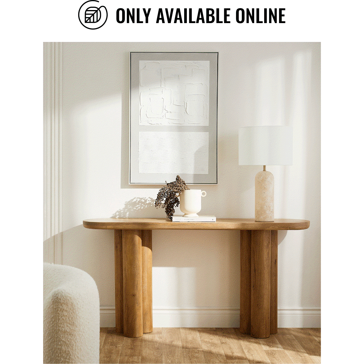 A carousel of three images showcasing a variety of home products, available for purchase online only