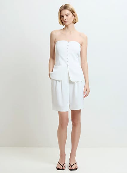 Harrie Tailored Faux Button White Strapless Top