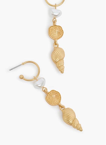 Gold Sea Charm Drop Hoop Earrings