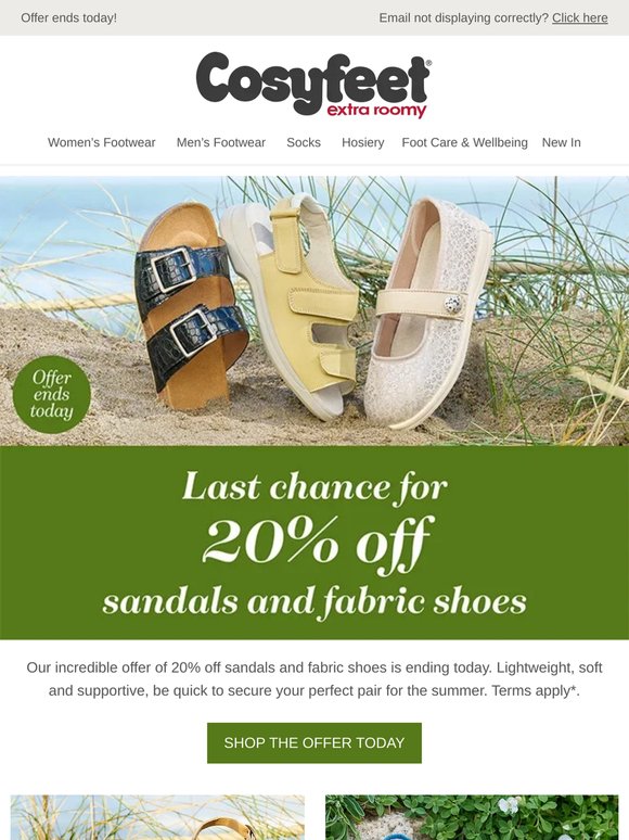 Last chance for 20% off sandals & fabric shoes!
