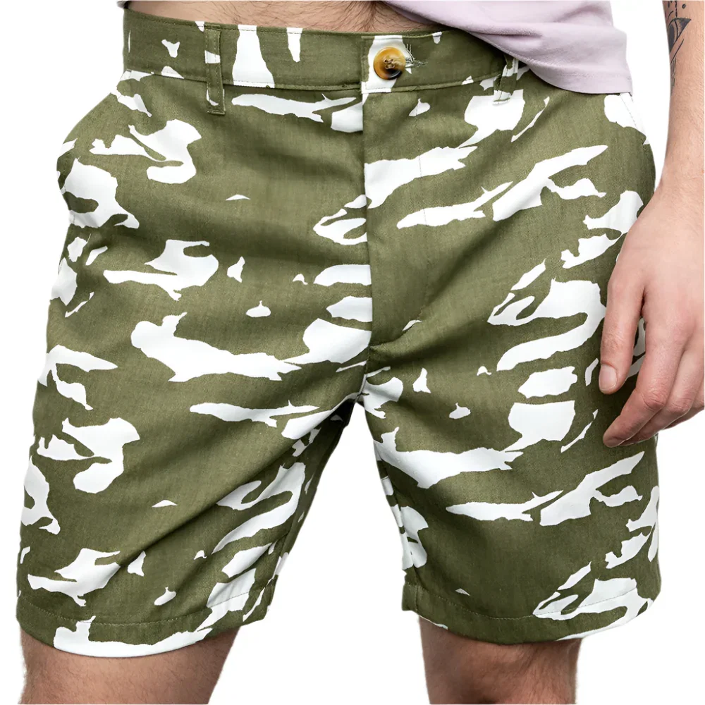 Image of Olive & White Abstract Tiger Stripe Japanese Print Cotton Shorts - Made in USA (SIZE 32)