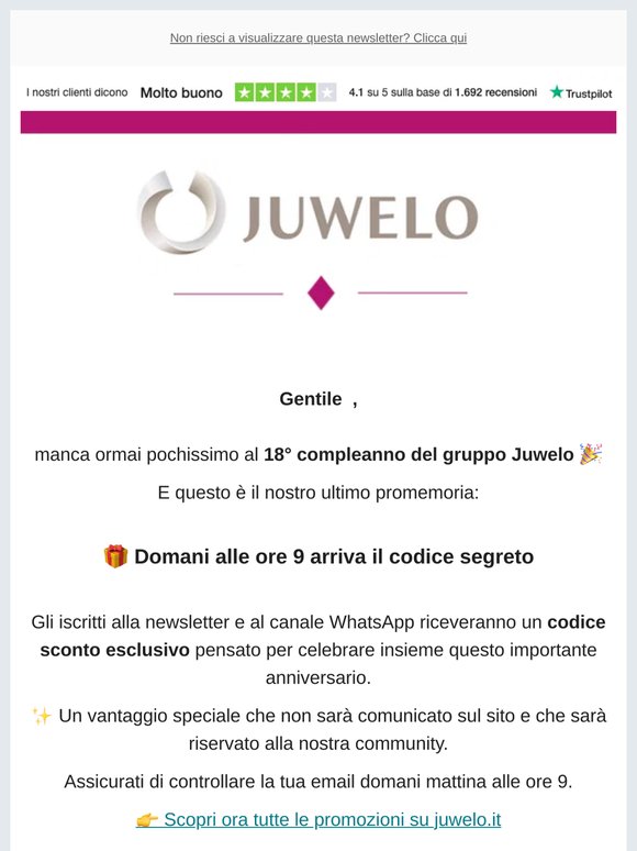 🎉 Domani alle 9 arriva il codice segreto del compleanno Juwelo