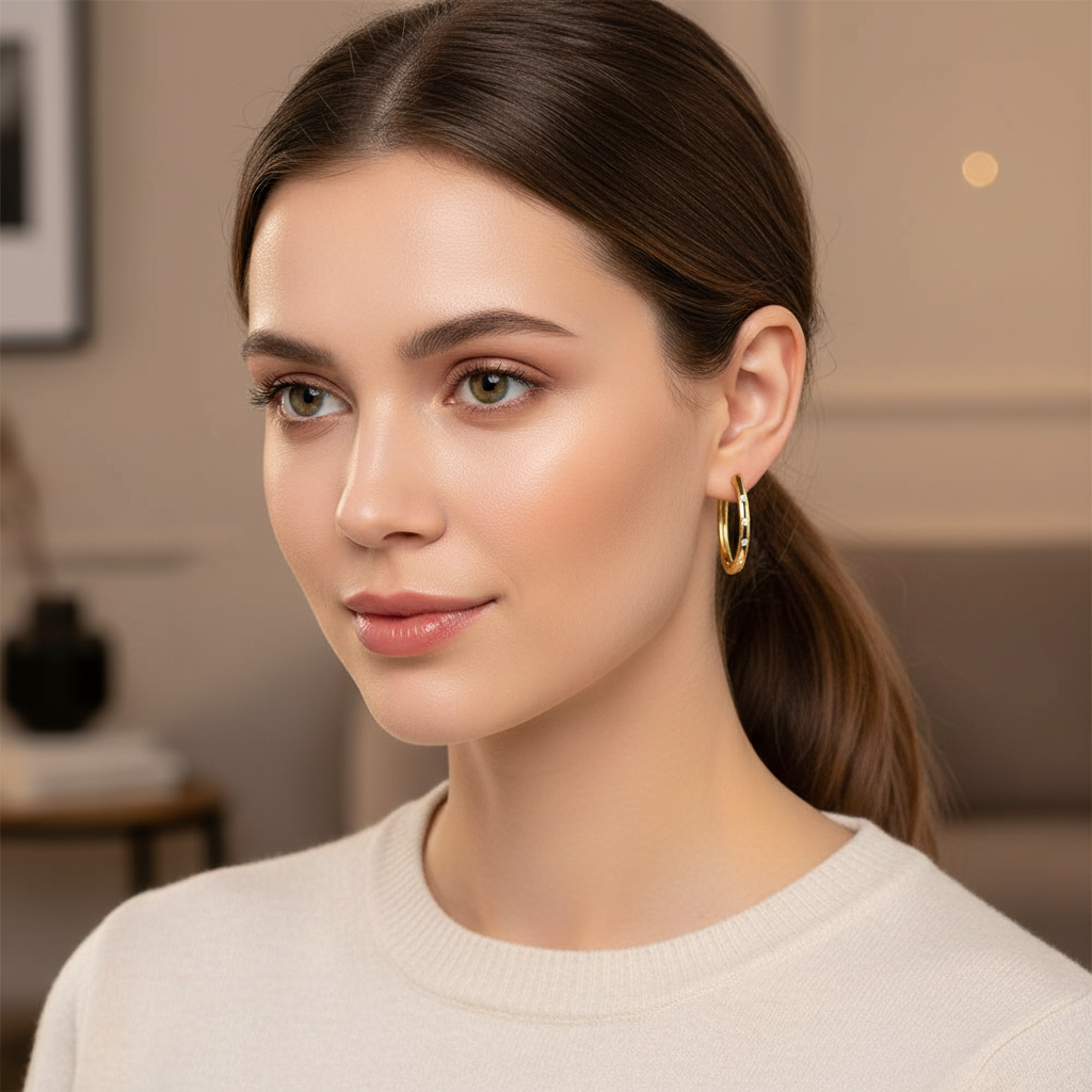 A woman with brown hair and green eyes wears gold hoop earrings and a cream sweater.