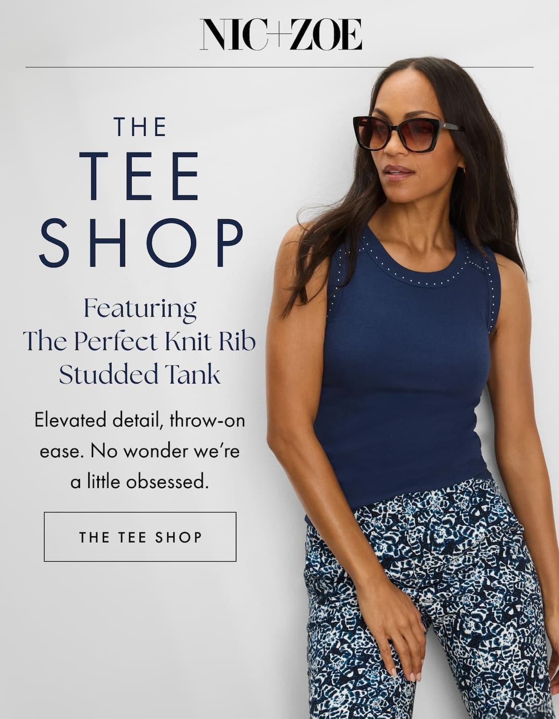 The tee shop. Featuring the perfect knit rib studded tank. Elevated detail, throw-on ease. No wonder we're a little obsessed. The tee shop.