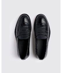 Italian Leather Black Croc-effect Loafers