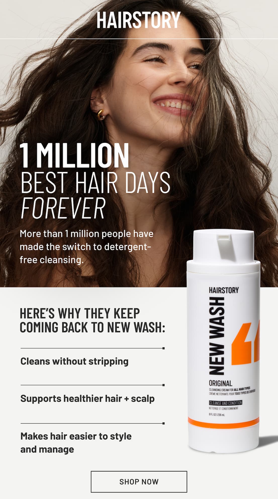 Image of model with dark hair and image of new wash original bottle