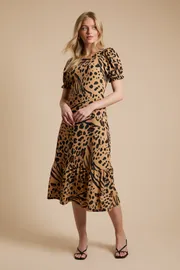 Animal Puff Sleeve Printed Jersey Midi Dress
