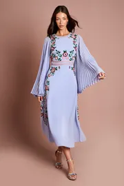 Pleated Sleeve Beaded Floral Midi Dress