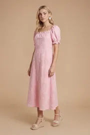Embroidered Puff Sleeve Midi Dress