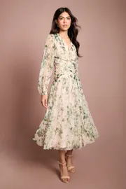 Printed Floral Mesh Midi Dress
