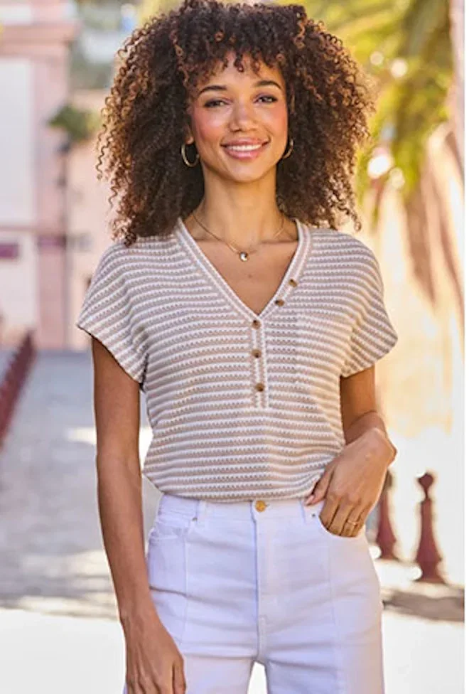 Taupe Stripe Textured Button Front Top
