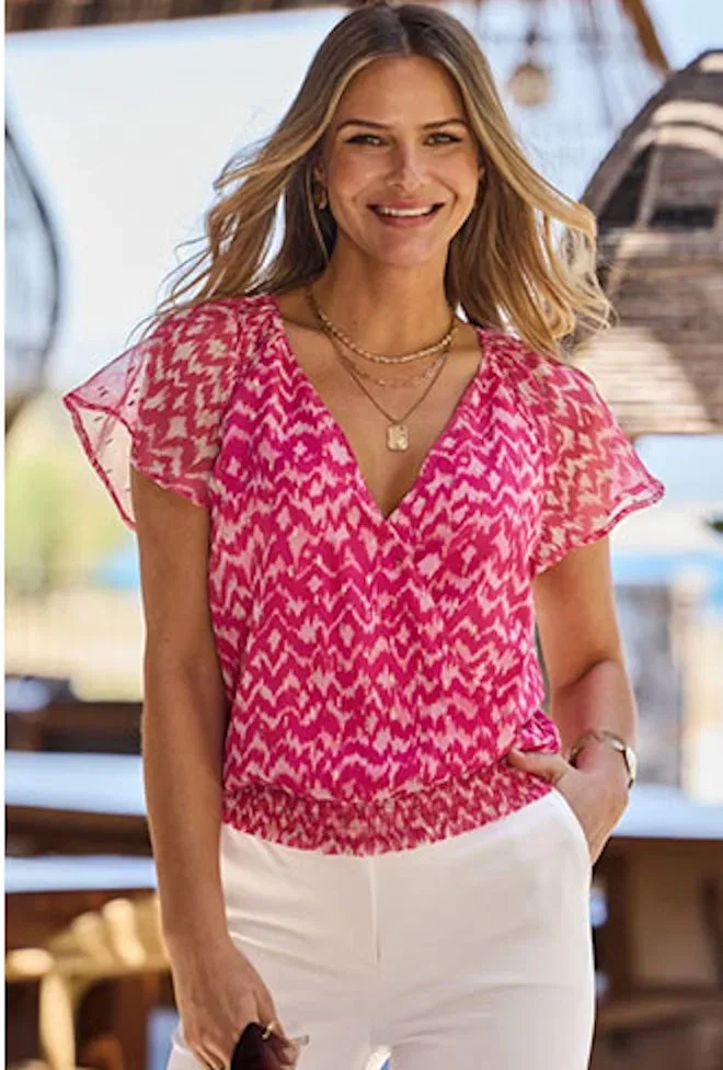 Pink Metallic Abstract Print Shirred Hem Wrap Top