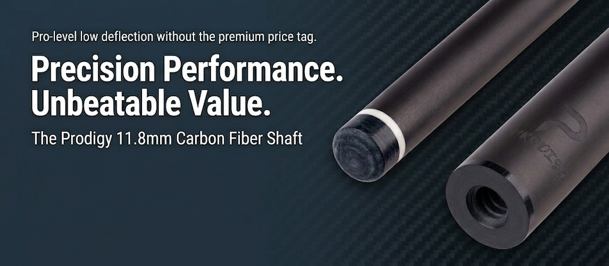 Prodigy 11.8mm Carbon Fiber Pool Cue Shaft featuring low-deflection technology and a smooth black finish