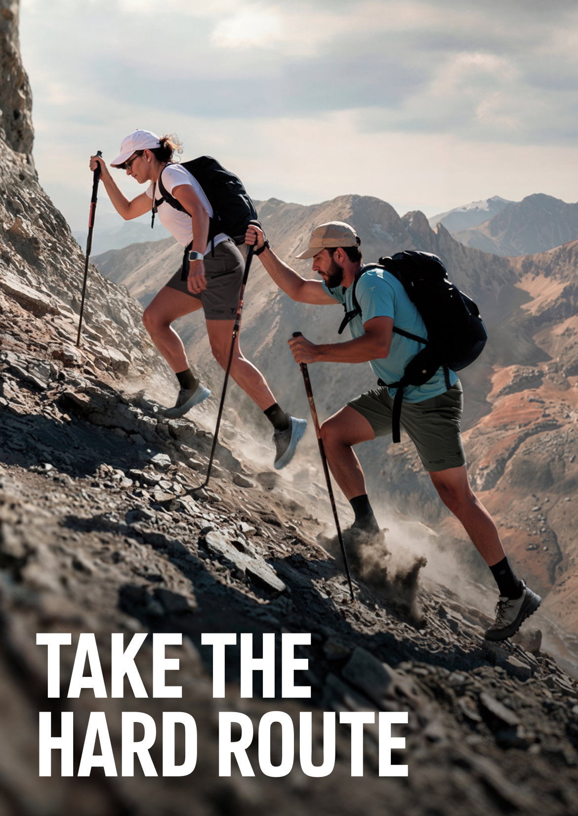 Woman and man hike up a rocky mountain with hiking poles and backpack.