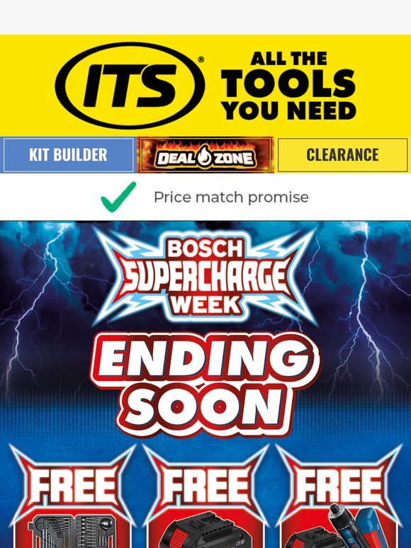 HURRY! Claim your FREE Bit Set, Battery or Bosch Go! Bosch Supercharge Week Ending Soon!⚡