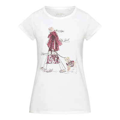 T-Shirt, Weiß, Aufdruck mit Frau und Hund, Kurzarm, Rundhalsausschnitt, Produktansicht, Vorderansicht