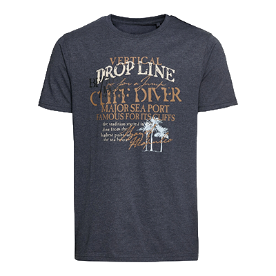 T-Shirt, Dunkelblau, Aufdruck mit Schriftzug und Palmenmotiv, Vorderansicht