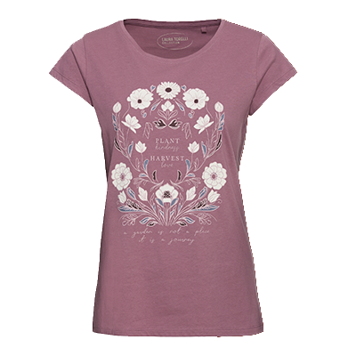T-Shirt, Violett, florales Muster, Rundhalsausschnitt, Kurzarm, Vorderansicht