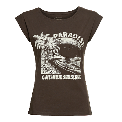 T-Shirt, Braun, Print mit Palmen und Schriftzug, Rundhalsausschnitt, Produktansicht, Vorderansicht