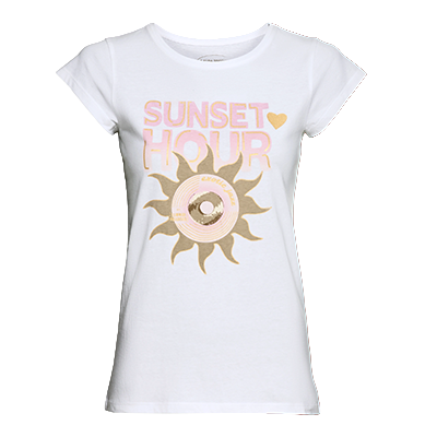 T-Shirt, Weiß, Frontprint mit Sonnenmotiv und Schriftzug, kurze Ärmel, Produktansicht, Vorderansicht