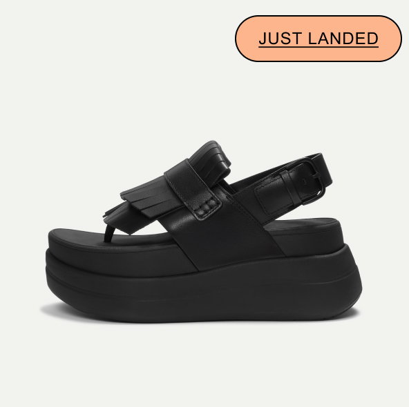 F-MODE Stack Leather Toe-Post Sandals All Black