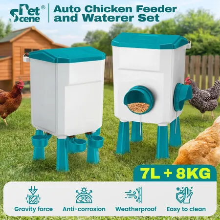 Chicken Bird Feeder Waterer Set 8KG Auto Water Food Dispenser 7L Drinker Automatic Poultry Hen Chook Chick Gravity Feeding Drinking System Rat Proof