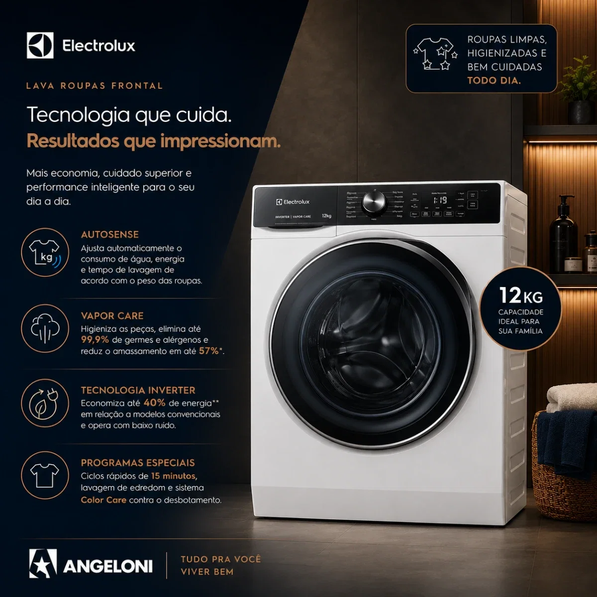 Máquina de Lavar Frontal Electrolux 12kg Branca Inverter com Água Quente e Lavagem Inteligente
