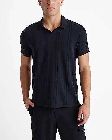 Textured Stripe Cotton Johnny Collar Polo