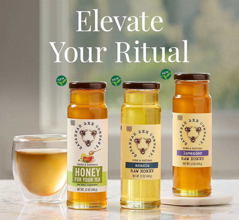 Elevate Your Savannah Bee Acacia Raw Honey, Savannah Bee Lavender Raw Honey, Savannah Bee Honey for Tea, Savannah Bee 12oz Acacia Honeycomb, Chaga Mushroom Maple Syrup with a teacup and on marble surface